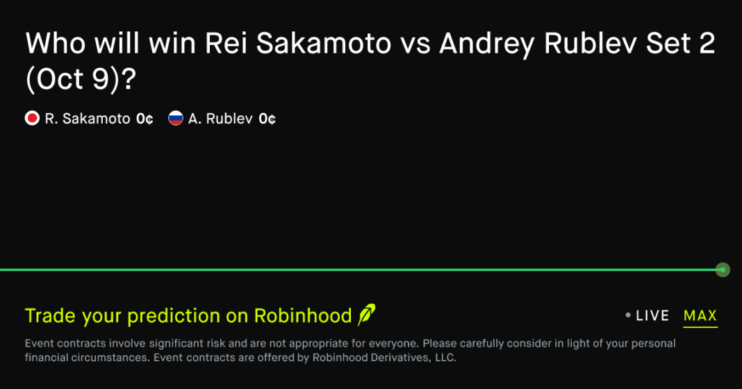October 9, 2026: Rei Sakamoto vs Andrey Rublev: Set 2 Winner Tennis Prediction Market