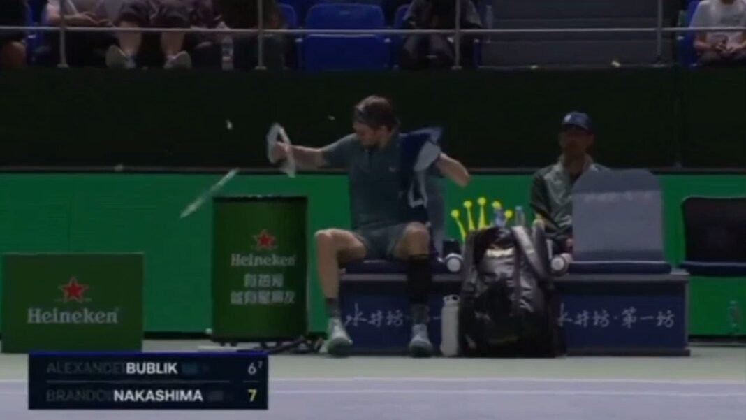 Tennis star Alexander Bublik destroys racket before smashing drinks container in latest on-court outburst