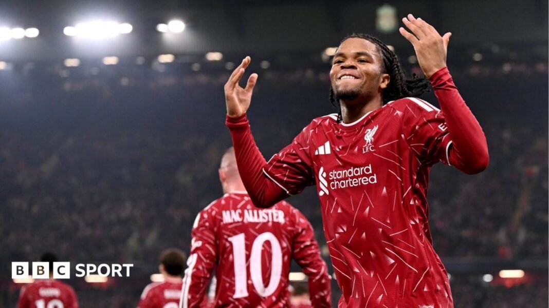Rio Ngumoha walks off to a standing ovation from the Anfield crowd.