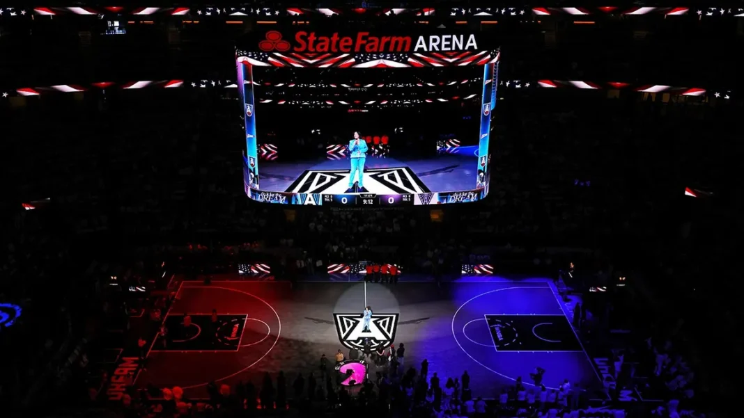 Crystal Renee Hayslett performs the national anthem at State Farm Arena before Game 4 of the WNBA Finals.