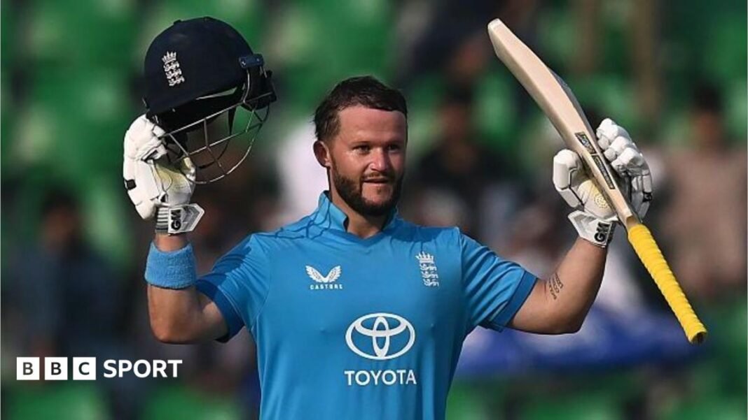 Ben Duckett celebrates a century v Sri Lanka