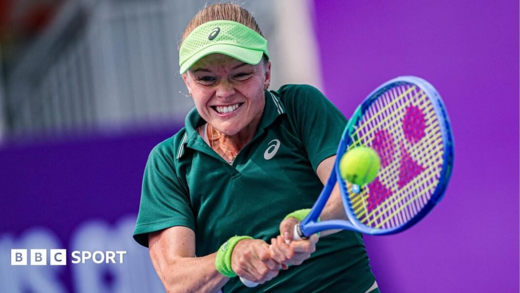 Harriet Dart grits her teeth as she plays a backhand against Paula Badosa